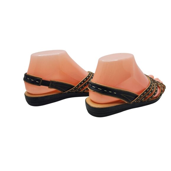 Women's Soft Spots Slingback Black/ Tan Low Wedge Sandals Size 6 M - Picture 5 of 8